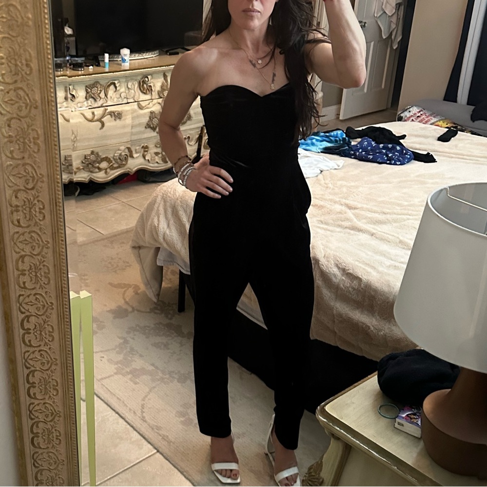 Black velvet, velour strapless jumpsuit, size 0, express